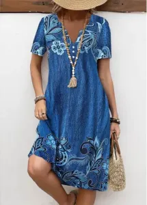 Modlily Denim Blue Button Floral Print A Line Dress - L