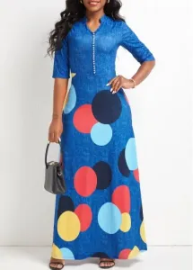 Modlily Denim Blue Button Geometric Print Maxi Dress - XXL