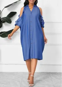Modlily Denim Blue Button O Shape 3/4 Sleeve Dress - M