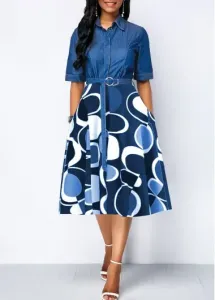 Modlily Denim Blue Circular Ring Geometric Print Belted Dress - S