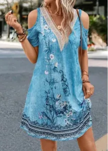Modlily Denim Blue Patchwork Floral Print A Line Dress - XL