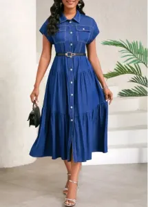 Modlily Denim Blue Ruched Short Sleeve Shirt Collar Dress - L