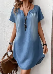 Modlily Denim Blue Ruched Short Split Neck Shift Dress - XL