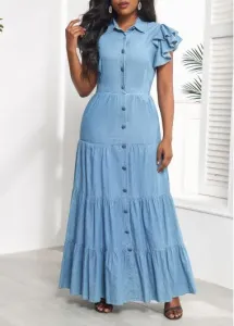 Modlily Denim Blue Ruffle Short Sleeve Maxi Dress - XXL