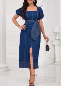 Modlily Denim Blue Split Striped Belted Short Sleeve Dress - L