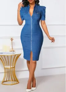 Modlily Denim Blue Zipper Short Sleeve Bodycon Dress - L
