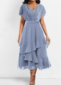 Modlily Dusty Blue Asymmetry Short Sleeve V Neck Dress - S