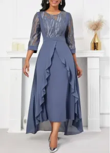 Modlily Dusty Blue Embroidery High Low Round Neck Dress - XXL