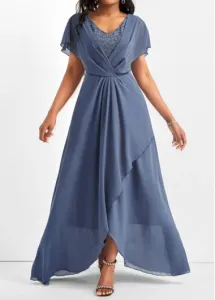 Modlily Dusty Blue Lace Short Sleeve Maxi Dress - M