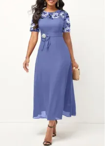 Modlily Dusty Blue Patchwork Floral Print Short Sleeve Dress - XXL