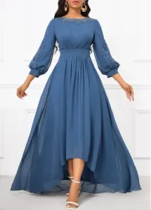 Modlily Dusty Blue Patchwork Three Quarter Length Sleeve Dress - XL