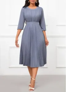 Modlily Dusty Blue Pleated Three Quarter Length Sleeve Dress - XL