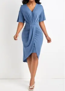 Modlily Dusty Blue Ruched High Low Bodycon Dress - XL