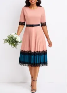 Modlily Dusty Pink Lace Belted Half Sleeve Dress - L