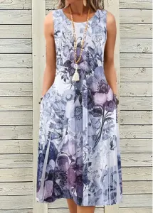 Modlily Dusty Purple Breathable Floral Print A Line Sleeveless Dress - M