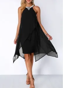 Modlily Embellished Neck Asymmetric Hem Black Chiffon Dress - L