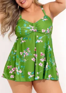 Modlily Floral Print Green Plus Size Swimdress Set - 1X
