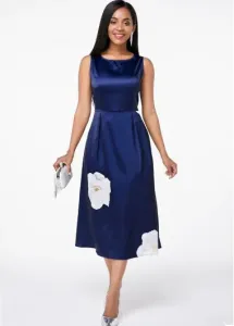 Modlily Floral Print Sleeveless Round Neck Blue Dress - XS