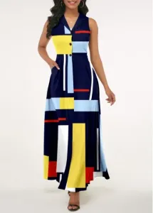 Modlily Geometric Print Navy Blue Notch Collar Dress - XL