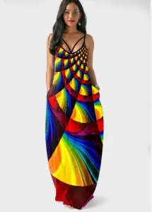 Modlily Geometric Print Side Pocket Rainbow Color Maxi Dress - S