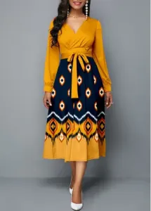 Modlily Ginger Umbrella Hem Tribal Print Belted Long Sleeve Dress - XL