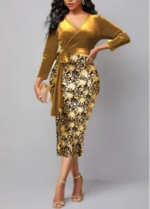 Modlily New Year Golden Hot Stamping Floral Print Belted Dress - L