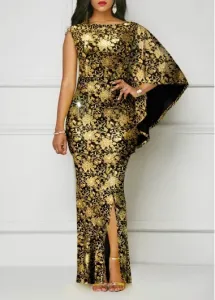 Modlily Golden Hot Stamping Floral Print Side Slit Dress - M