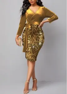 Modlily Golden Sequin Long Sleeve V Neck Dress - S