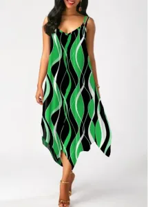 Modlily Green Handkerchief Hem Striped Sleeveless Dress - M