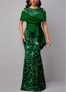Modlily Green Hot Stamping Floral Print Maxi Dress - M