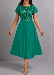 Modlily Green Lace Short Sleeve Round Neck Dress - M