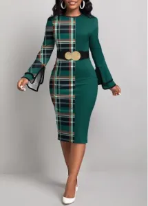 Modlily Green Patchwork Plaid Long Sleeve Bodycon Dress - S