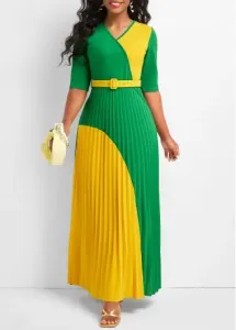 Modlily Green Pleated Belted Half Sleeve Maxi Dress - S