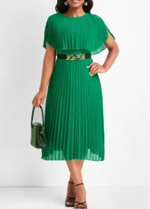 Modlily Green Pleated Short Sleeve Round Neck Dress - M