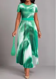 Modlily Green Pleated Tie Dye Print Maxi Dress - M