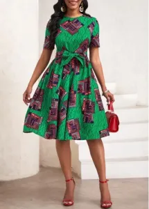 Modlily Green Pocket African Tribal Print Belted Short Sleeve Dress - L