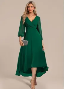 Modlily Green Surplice High Low Three Quarter Length Sleeve Dress - L