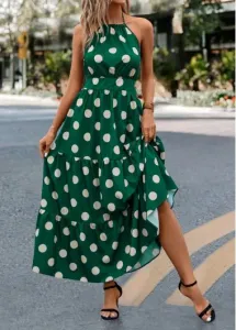 Modlily Green Tie Polka Dot Strappy Halter Maxi Dress - L