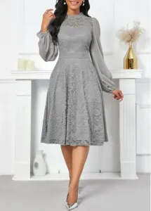 Modlily Grey Lace Long Sleeve Stand Collar Dress - M