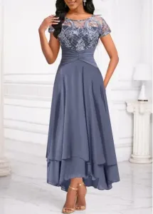 Modlily Grey Lace Maxi Short Sleeve Round Neck Dress - S