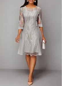 Modlily Grey Lace Midi Cocktail Dress Wedding Guest Dress Lace Panel Light Grey 3/4 Sleeve Dress - L