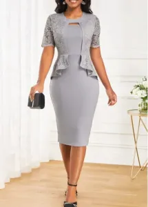 Modlily Grey Lace Short Sleeve Round Neck Bodycon Dress - M