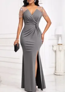Modlily Grey Lace Short Sleeve V Neck Bodycon Maxi Dress - L