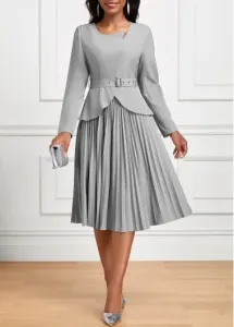 Modlily Grey Pleated Belted Long Sleeve Asymmetrical Neck Dress - S