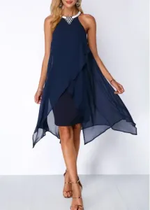 Modlily Royal Blue Embellished Neck Sleeveless Layered Handkerchief Asymmetrical Hem Chiffon Party Dress - M