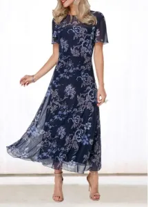 Modlily Dress Elegant Navy Blue Party Dress V Back Flower Print Short Sleeve Round Neck Dress - XXL