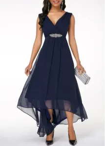 Modlily Dress for Women V Back Sleeveless High Low Navy Blue Dress - L