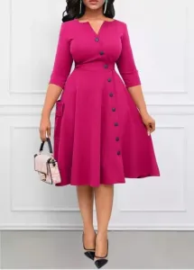 Modlily Hot Pink Breathable Three Quarter Length Sleeve Dress - XL