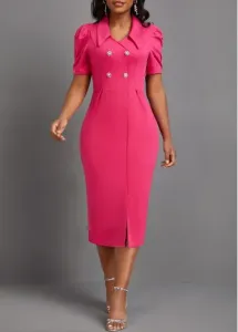 Modlily Hot Pink Button Short Sleeve Bodycon Dress - XXL