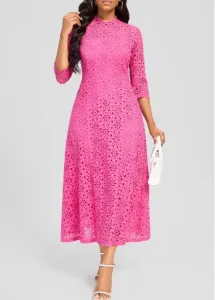Modlily Hot Pink Embroidery Three Quarter Length Sleeve Dress - XL